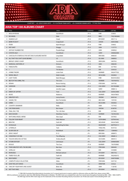 ARIA TOP 100 ALBUMS CHART 2001 TY TITLE Artist CERTIFIED COMPANY CAT NO