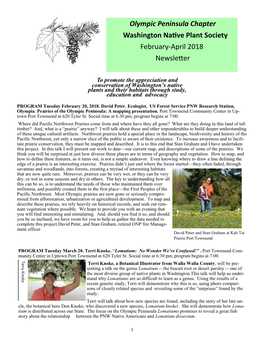 Olympic Peninsula Chapter Washington Native Plant Society February-April 2018 Newsletter