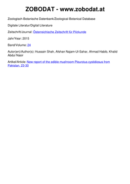 New Report of the Edible Mushroom Pleurotus Cystidiosus from Pakistan
