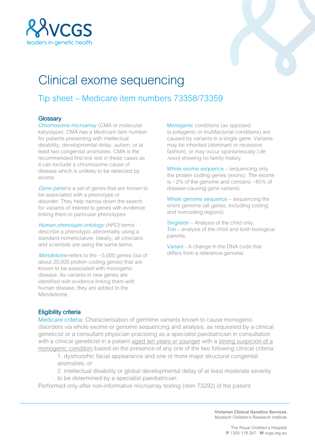 Clinical Exome Sequencing Tip Sheet – Medicare Item Numbers 73358/73359