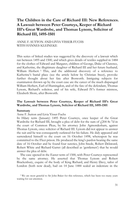 New References. a Lawsuit Between Peter Courteys, Keeper of Richard III’S Great Wardrobe, and Thomas Lynom, Solicitor of Richard III, 1495-1501
