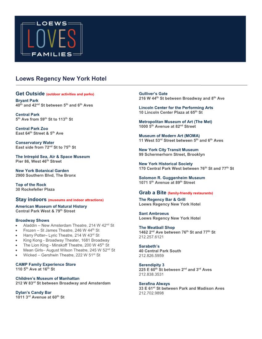 Regency New York Loews Loves Families Activity Sheet