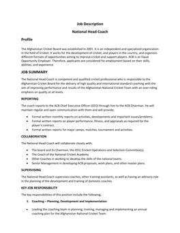 Job Description National Head Coach Profile JOB SUMMARY