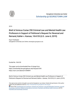 Brief of Amicus Curiae 290 Criminal Law and Mental Health Law Professors in Support of Petitioner's Request for Reversal and Remand, Kahler V