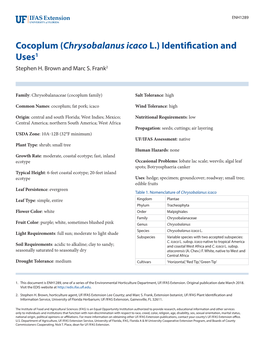 Cocoplum (Chrysobalanus Icaco L.) Identification and Uses1 Stephen H