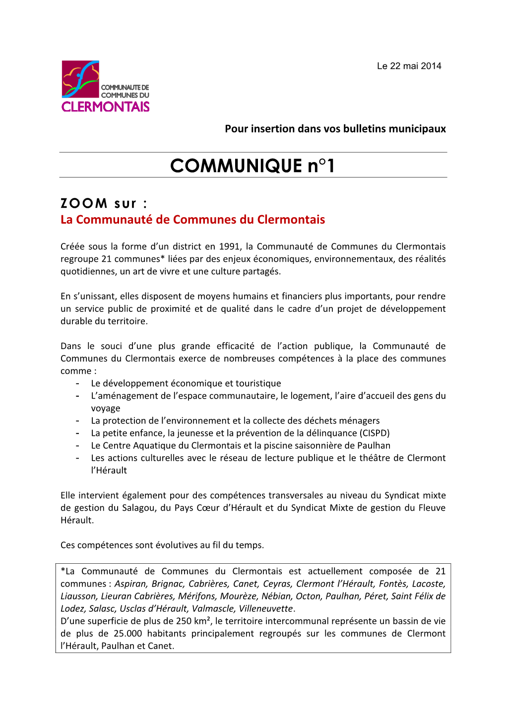 COMMUNIQUE N°1