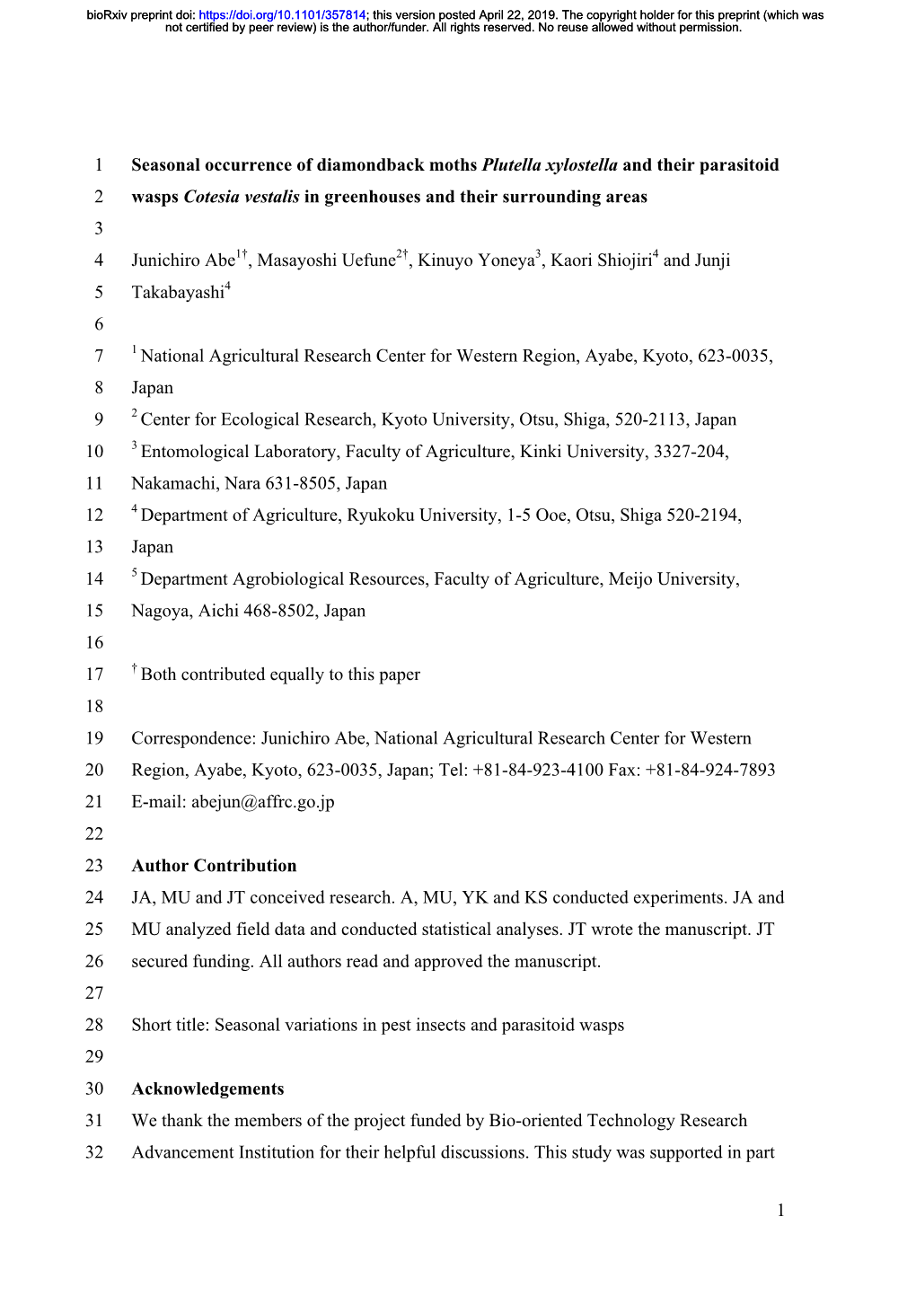 Seasonal Occurrence of Diamondback Moths Plutella Xylostella and Their