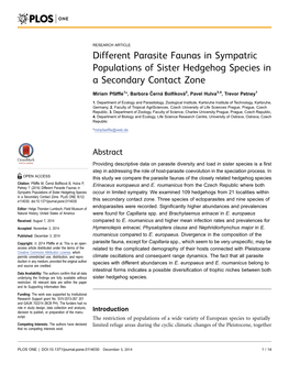 Different Parasite Faunas in Sympatric Populations of Sister Hedgehog Species in a Secondary Contact Zone