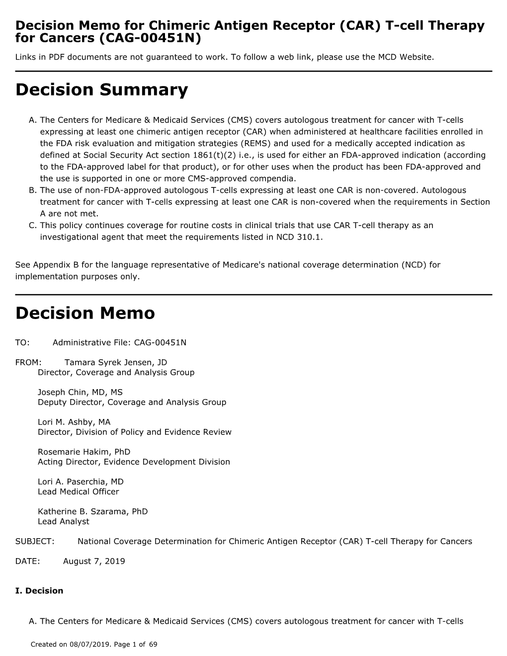 Decision Memo for Chimeric Antigen Receptor (CAR) T-Cell Therapy for Cancers (CAG-00451N)