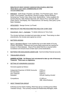Minutes of West Hockey Association Council Meeting Held on 21 July 2020, Commencing at 7Pm Via Gotomeeting