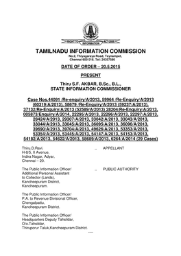 TAMILNADU INFORMATION COMMISSION No.2, Thiyagaraya Road, Teynampet, Chennai 600 018