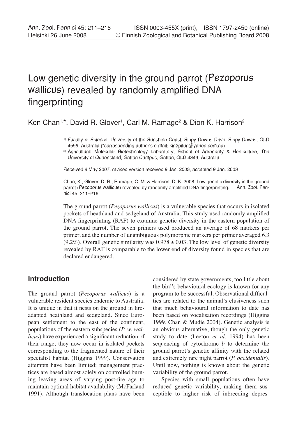 Low Genetic Diversity in the Ground Parrot (Pezoporus Wallicus) Revealed by Randomly Amplified DNA Fingerprinting