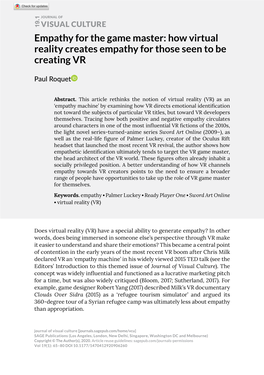 VISUAL CULTURE Empathy for the Game Master: How Virtual Reality Creates Empathy for Those Seen to Be Creating VR