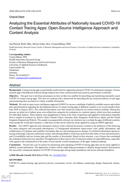 Analyzing the Essential Attributes of Nationally Issued COVID-19 Contact Tracing Apps: Open-Source Intelligence Approach and Content Analysis