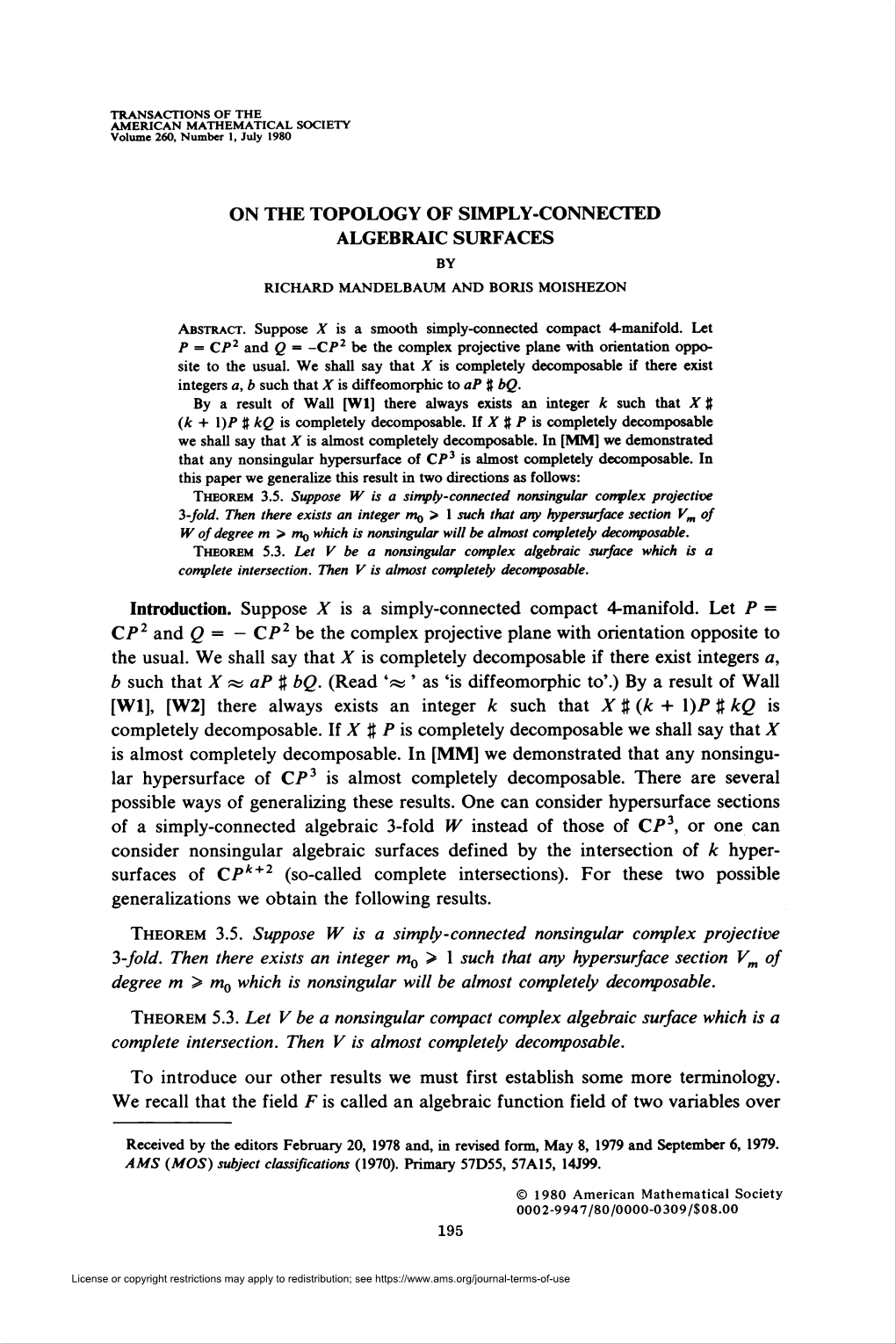 On the Topology of Simply-Connected Algebraic Surfaces by Richard Mandelbaum and Boris Moishezon