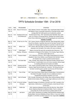TPTV Schedule October 15Th - 21St 2018