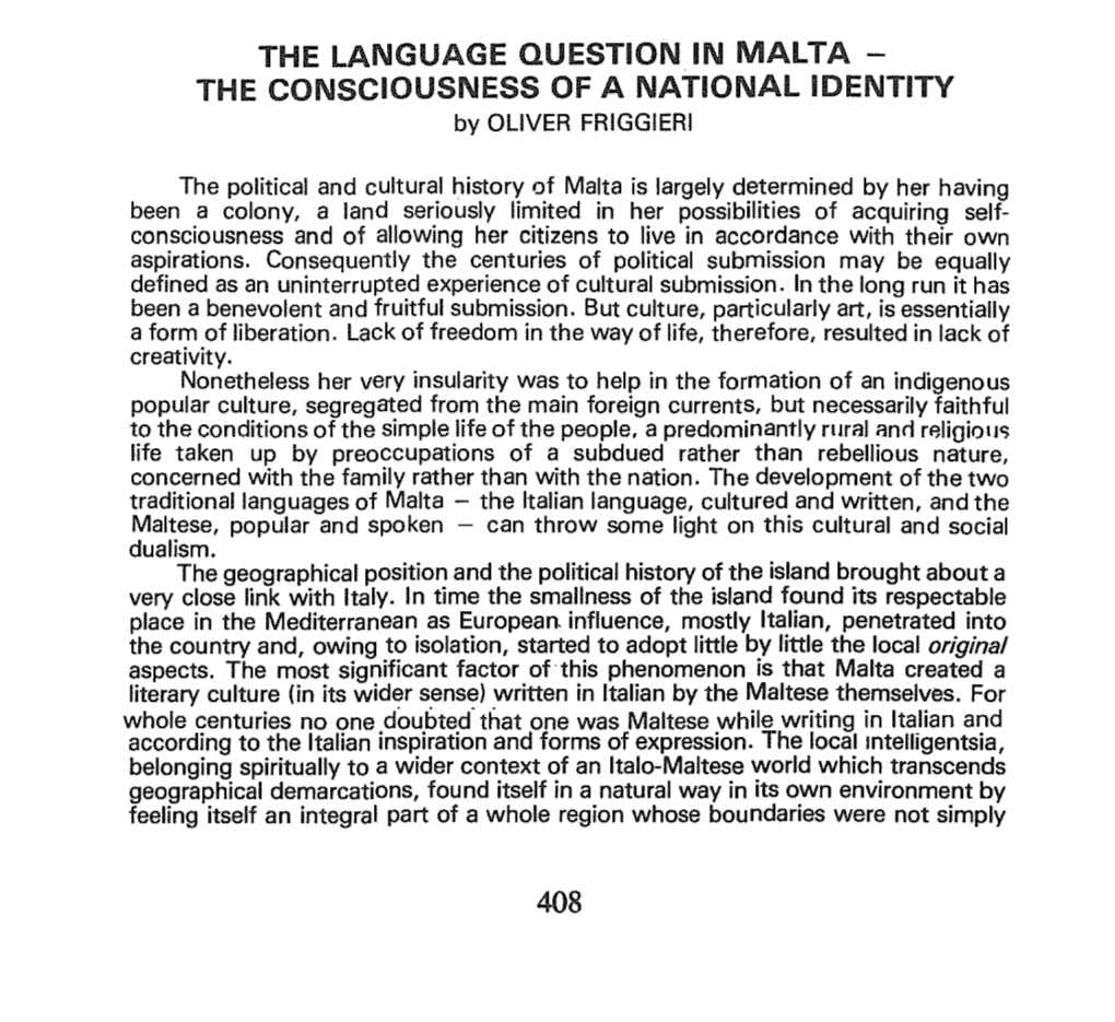 THE LANGUAGE QUESTION in MALTA - the CONSCIOUSNESS of a NATIONAL IDENTITY by OLIVER FRIGGIERI