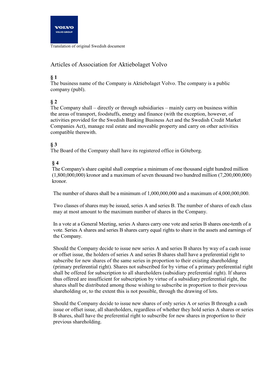 Articles of Association for Aktiebolaget Volvo