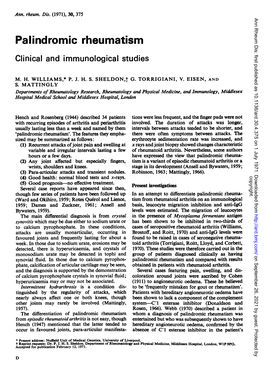 Palindromic Rheumatism Clinical and Immunological Studies