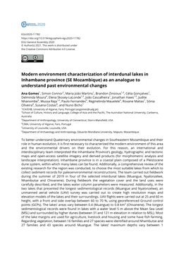 Modern Environment Characterization of Interdunal Lakes in Inhambane Province (SE Mozambique) As an Analogue to Understand Past Environmental Changes