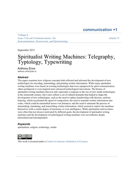 Spiritualist Writing Machines: Telegraphy, Typtology, Typewriting Anthony Enns Anthony.Enns@Dal.Ca