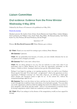 Evidence from the Prime Minister, 4 May 2016