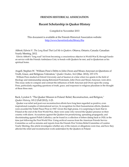 Recent Scholarship in Quaker History