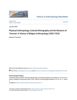 Physical Anthropology, Colonial Ethnography and the Museum of Trevuren: a History of Belgian Anthropology (1882-1925)