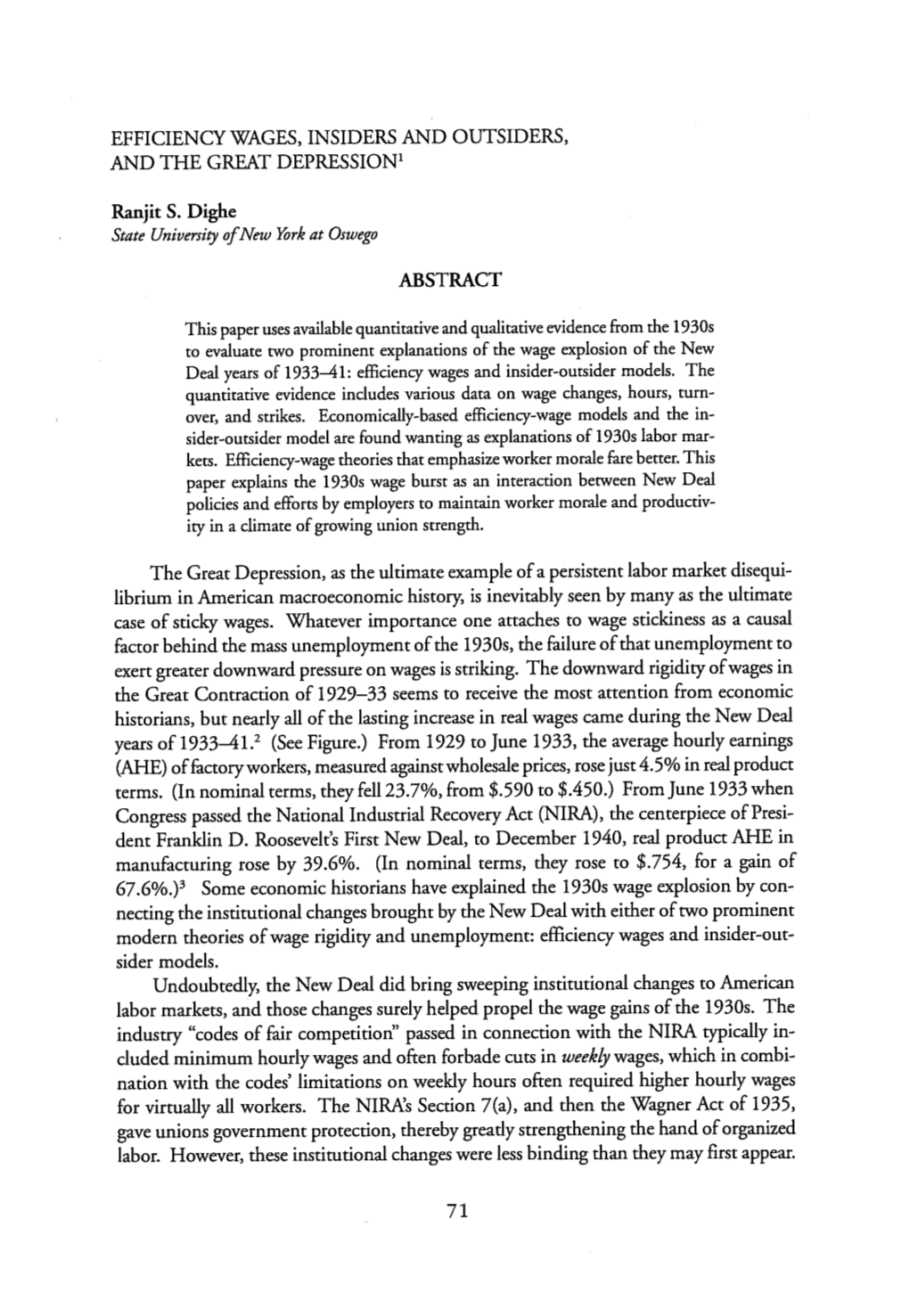 Efficiency Wages, Insiders and Outsiders, and the Great Depression’