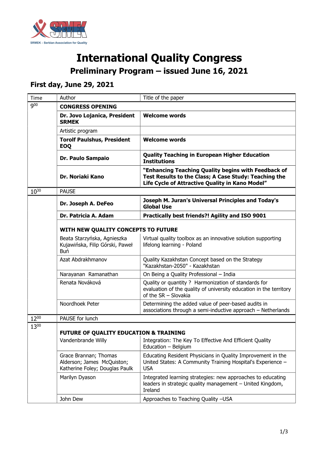 International Quality Congress Preliminary Program – Issued June 16, 2021 First Day, June 29, 2021