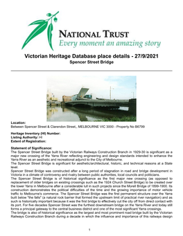 Victorian Heritage Database Place Details - 27/9/2021 Spencer Street Bridge