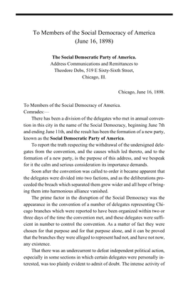 To Members of the Social Democracy of America (June 16, 1898)