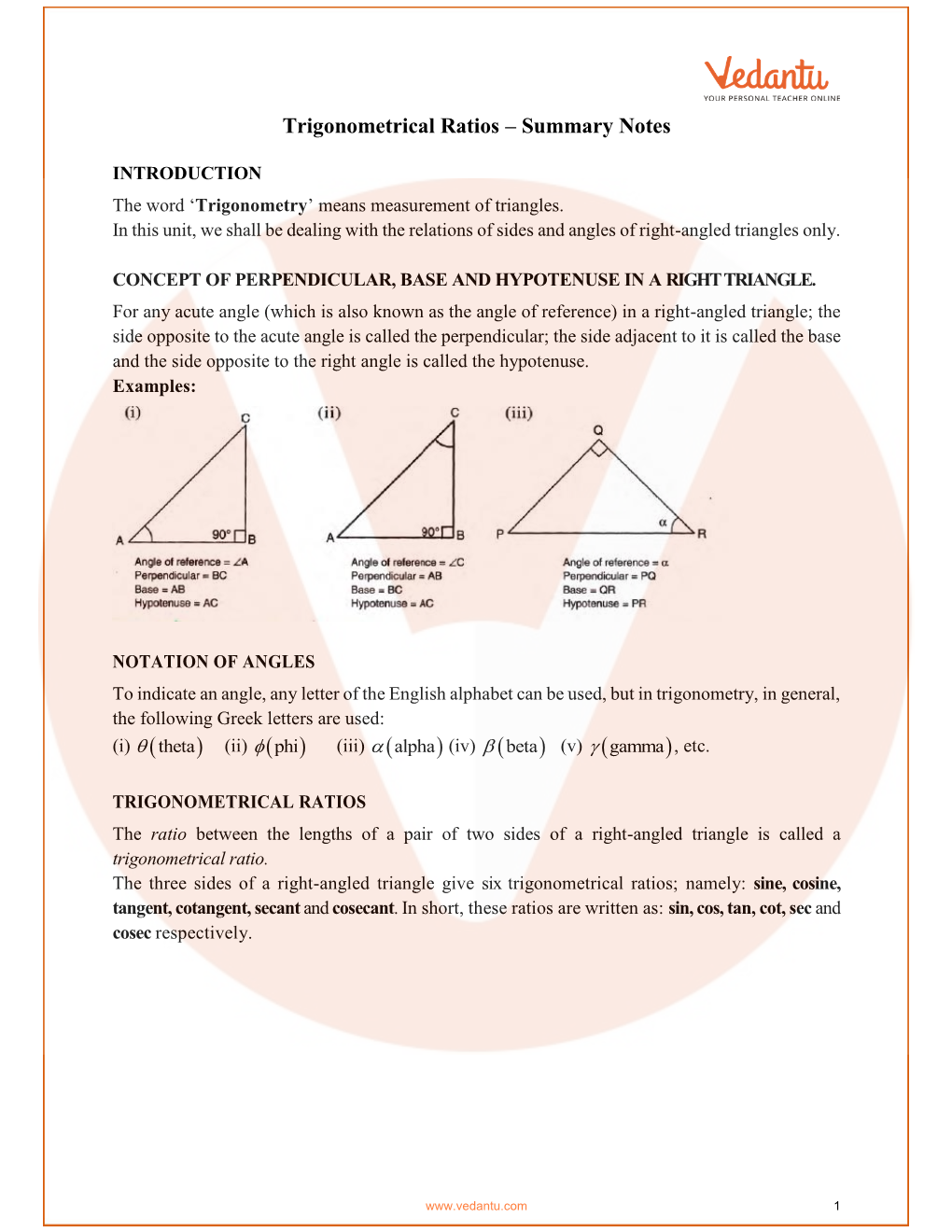 Trigonometrical Ratios – Summary Notes