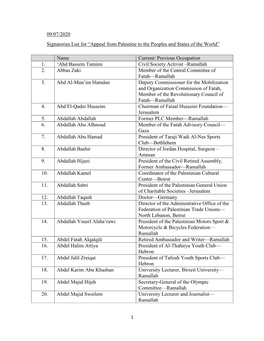 09/07/2020 Signatories List for “Appeal from Palestine to the Peoples and States of the World”