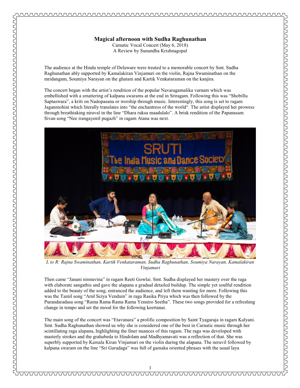 Sudha Raghunathan Carnatic Vocal Concert (May 6, 2018) a Review by Sunandha Krishnagopal