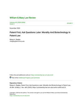 Morality and Biotechnology in Patent Law