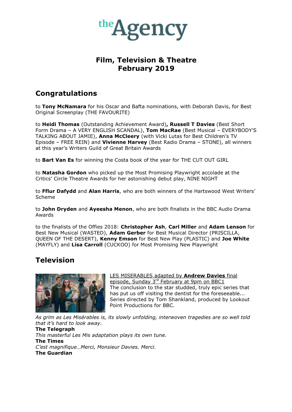 Film, Television & Theatre February 2019 Congratulations Television