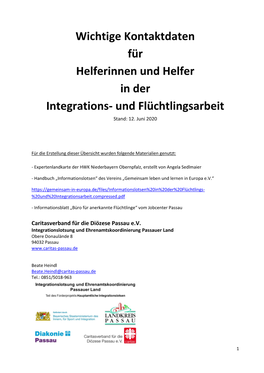 Wichtige Kontaktdaten Für Helferinnen Und Helfer in Der Integrations- Und Flüchtlingsarbeit Stand: 12