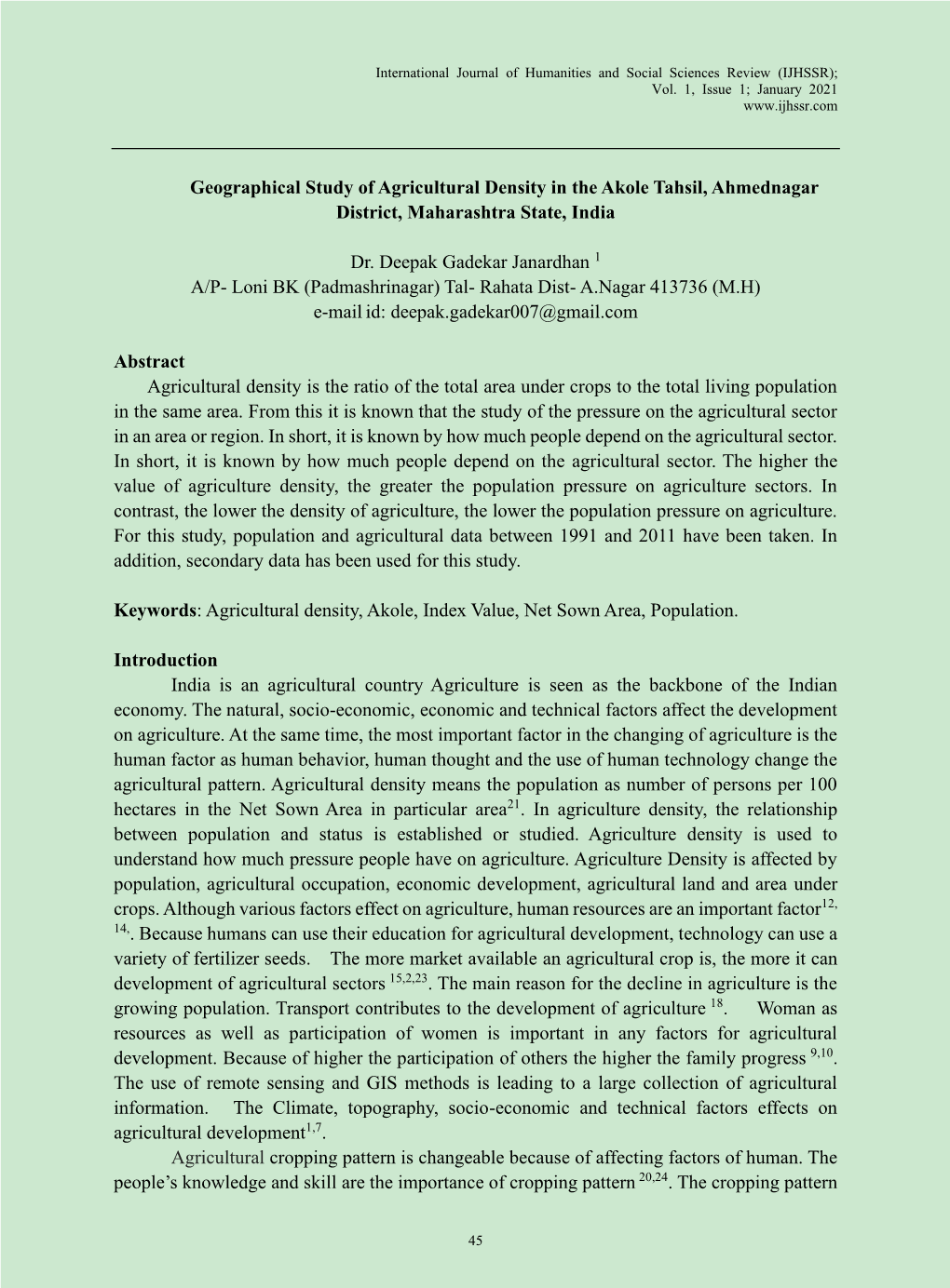 Geographical Study of Agricultural Density in the Akole Tahsil, Ahmednagar District, Maharashtra State, India