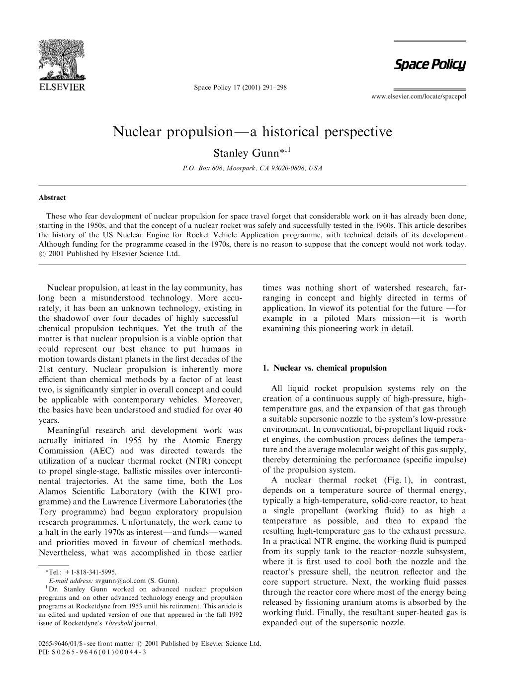 Nuclear Propulsionfa Historical Perspective Stanley Gunn*,1 P.O