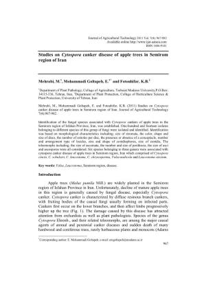 Studies on Cytospora Canker Disease of Apple Trees in Semirom Region of Iran