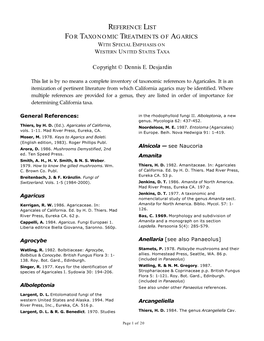Reference List for Taxonomic Treatments of Agarics with Special Emphasis on Western United States Taxa