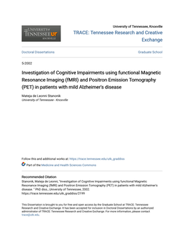 Fmri) and Positron Emission Tomography (PET) in Patients with Mild Alzheimer's Disease