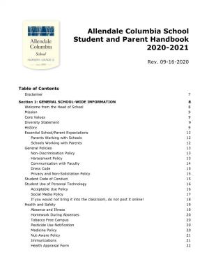 Allendale Columbia School Student and Parent Handbook 2020-2021