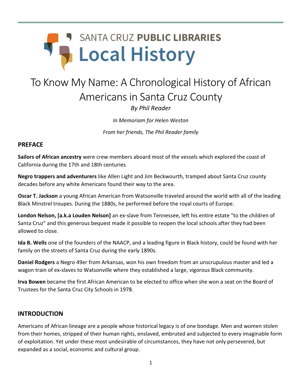 A Chronological History of African Americans in Santa Cruz County