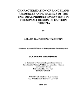Characterization of Rangeland Resources and Dynamics of the Pastoral Production Systems in the Somali Region of Eastern Ethiopia