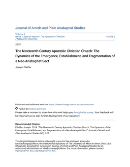 The Nineteenth Century Apostolic Christian Church: the Dynamics of the Emergence, Establishment, and Fragmentation of a Neo-Anabaptist Sect