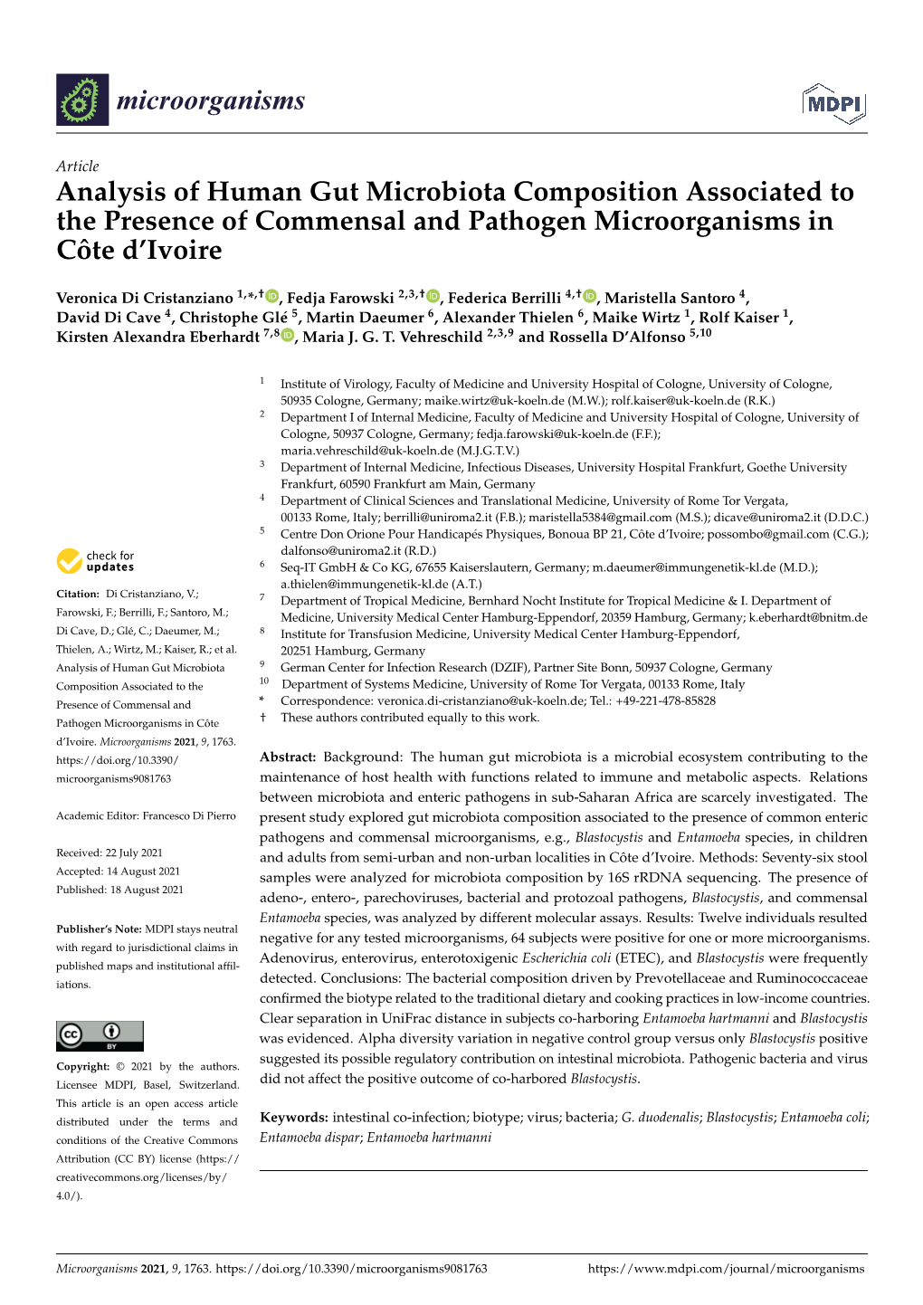 Analysis of Human Gut Microbiota Composition Associated to the Presence of Commensal and Pathogen Microorganisms in Côte D’Ivoire