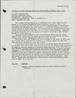 Calendar of North Carolina Papers at London Board of Trade, 1729 - 177