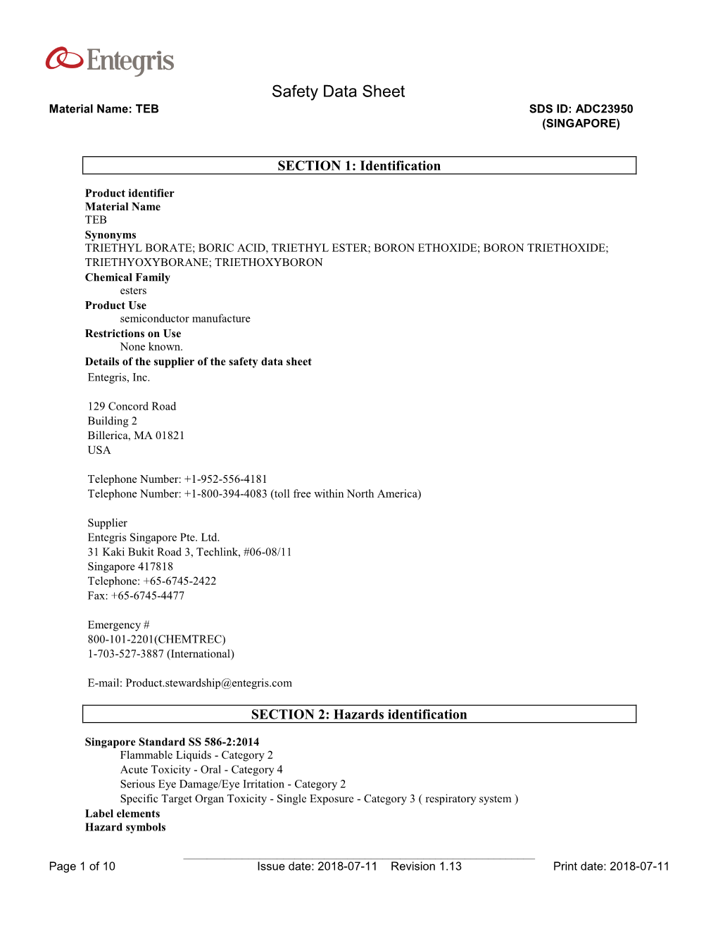 Safety Data Sheet Material Name: TEB SDS ID: ADC23950 (SINGAPORE)